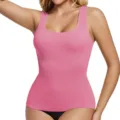 Detailed closeup of the pink ribbed seamless shaping tank top with square neck design. - Rose Red