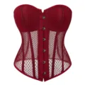 Close-up detail of red mesh strapless corset top, breathable fishnet fabric and metal busk. - XS / Burgundy
