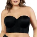 Close-up detail of the elegant black strapless longline bra featuring delicate lace side panels. - 34C / Black