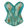Green jacquard corset top with floral and bee pattern, sweetheart neckline busk front. - XS / Green
