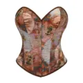Close-up detail of vintage floral and bee jacquard corset top with front busk closures. - XS / Coffee