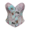 Floral jacquard corset top with front metal busk closure and pink piping detailing. - XS / Pink