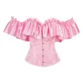 Pink satin off-shoulder corset top with ruffles and floral brocade, elegant vintage bustier. - XS / Pink