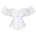 White satin off-shoulder corset top with dramatic ruffles and front busk closure for women. - XS / White