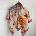 Detailed view of the lightweight floral printed square scarf with artistic watercolor pattern. - ZS-9