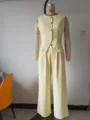Women light yellow vest and trousers pantsuit set summer office elegant commuter suit - S / Top And Bottom / Yellow