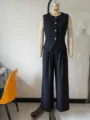 Detailed view of women elegant black vest and wide leg pants suit set in office style - S / Top And Bottom / Black