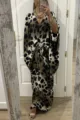 Chic leopard print batwing sleeve maxi dress detail, elegant V-neck with crystal waist accent. - One Size / Leopard Floral