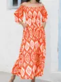 Vestido largo estampado naranja hombros descubiertos mujer casual elegante con bolsillos - S / Naranja