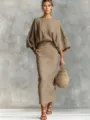 Detailed view of the cotton linen two-piece set with batwing top and split pocket skirt. - S / Set / Dark Khaki