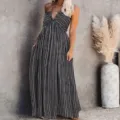 Black and white striped halter maxi dress with pockets, casual sleeveless long summer dress. - S / Black