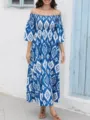 Vestido largo maxi azul y blanco con estampado ikat, elegante vestido bohemio de verano. - S / Azul
