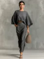 Grey cotton linen matching set batwing sleeve top pocket long skirt variant item - S / Set / Dark Gray
