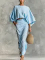 Light blue batwing sleeve crop top and long skirt set, comfortable cotton linen outfit. - S / Set / Sky Blue