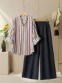 Stylish striped blouse and wide-leg pants set detail shot, casual summer fashion style. - S / Top And Bottom / Dark Blue