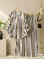 Striped V-neck blouse and wide-leg pants set, elegant casual two-piece outfit for summer. - S / Top And Bottom / Striped
