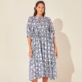 Floral print midi dress detail, V-neck with tie and stylish puff sleeves for vacation. - Blue and White Floral