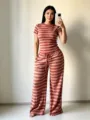 Detailed view of women's striped knit short sleeve top and wide leg pants leisure set. - S / Top And Bottom / Brick Red
