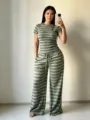 Women summer casual striped knit short sleeve top and wide leg pants two piece set - S / Top And Bottom / Gray