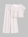 Γυναικείο καλοκαιρινό σετ ριγέ loungewear τοπ κοντό μανίκι και άνετο φαρδύ παντελόνι. - S / Ριγέ Ροζ Λευκό