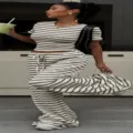 Women Striped Knit Short Sleeve Top Wide Leg Pants Two Piece Set Casual Summer Outfit - Black & White Stripes