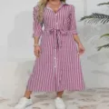 Vestido camisero a rayas rojo y blanco con cinturón, vestido midi casual de verano. - Rayas rojas y blancas