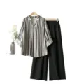 Trendy Fashionable Casual Summer Women Striped V-Neck Shirt And Black Pleated Wide-Leg Pants Set - S / Top And Bottom / Black