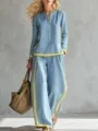 Conjunto de dos piezas casual con top de manga larga y pantalón ancho vista de detalle - 3XL / Top y Pantalones / Azul claro