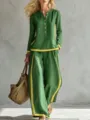 Estilo europeo color de contraste aspecto lino manga larga pantalón ancho conjunto - 3XL / Top y Pantalones / Verde