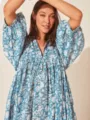 Blue floral print V-neck midi dress with puff sleeves and tie detail for beach vacation. - Blue White Print