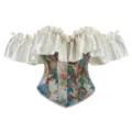 Vintage floral jacquard off-the-shoulder corset top with ruffled satin trim for women. - XS / Green