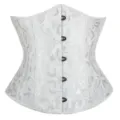 Detailed view of white vintage damask corset waist cincher with metal front busk closures. - XS / White