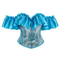 Stunning blue jacquard off-the-shoulder corset top featuring dramatic ruffled sleeves and button closure. - XS / Blue