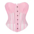 Pink mesh corset detail view, breathable summer bustier with cups and front metal busk closures. - XS / Pink