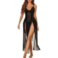 Sexy sheer black lace sleepwear features a seductive high slit and elegant long nightgown design. - S / Black