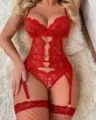 Sexy red lace teddy lingerie bodysuit with heart hardware and matching garter stockings variant. - S / Red with Red Fishnet Stockings