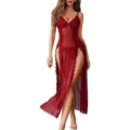 Sexy sheer lace sleepwear long high slit nightgown wine red adult nightwear apparel item - S / Burgundy