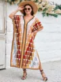 Plus size 3D printed resort caftan dress, loose fit V-neck vintage style long robe. - One Size / Robe (AK-0779-11)