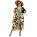 Plus size 3D floral printed long kaftan dress, loose ethnic style vacation beach cover-up. - One Size / Robe (AK-0779-14)