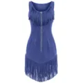 Blue suede fringe detail closeup, sleeveless design with front zipper and stylish western vibe. - S / Violet Blue