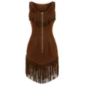 Brown suede fringe dress detail featuring a front metal zipper and sleeveless design. - S / Brown