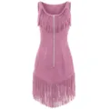 Sleeveless pink fringe suede dress detail, front metal zipper closure, slim fit western mini dress. - S / Pink