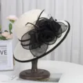 Elegant women's lace sun hat with black floral mesh decor, perfect for summer beach and outdoor travel. - M (56-58cm) / Beige Black Brim Black Flower