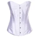 White satin corset detail showcasing front metal clasp hooks and structured boning design. - White