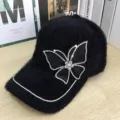 Cappello da baseball in peluche nero con farfalla di strass per autunno inverno. - Peluche Farfalla / Nero