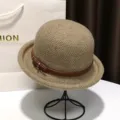 Elegant women woven dome hat with stylish brown leather belt strap, ideal for retro daily wear. - Adjustable / Khaki