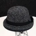 Women vintage tweed bucket hat, black brim band and pompom, elegant autumn winter cap - Adjustable / Navy Blue