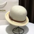 Elegant off-white dome felt hat with brown leather belt and metal buckle for women style. - Adjustable / Off White