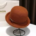 Brown woolen bucket hat for women, vintage dome bowler hat with leather strap decor. - Adjustable / Orange Red