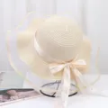 Chapeau de paille d'été pour femme avec large bord en maille et ruban noeud pour la plage. - Taille unique / Blanc Cassé